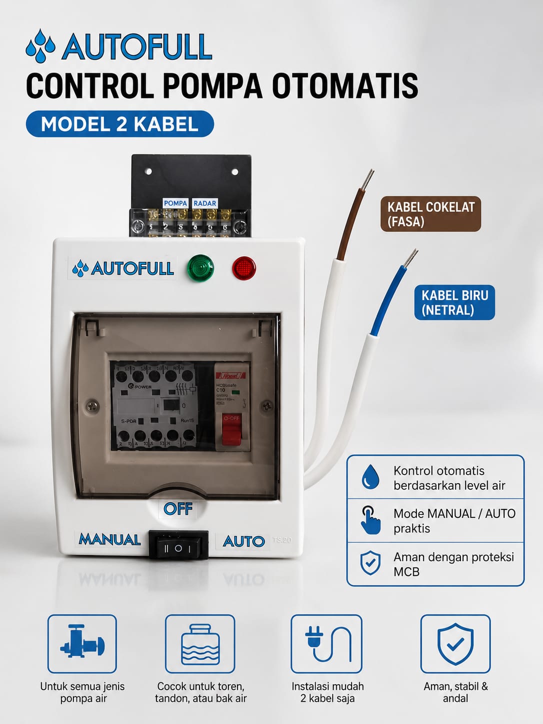 control pompa air otomatis 2 kabel